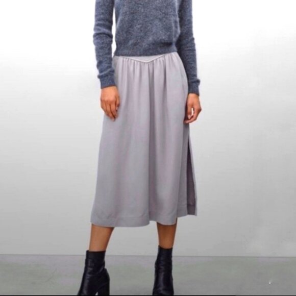 Aritzia Dresses & Skirts - Aritzia Wilfred Lyocell Grey Side Slit Stretch Boho Quiet Luxury Midi Skirt M